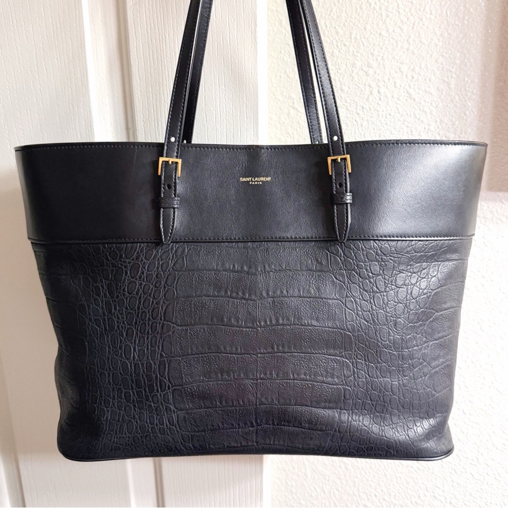 SAINT LAURENT Large Black Croc-Effect Leather Shopping Tote / Shoulder Bag - Picture 3 of 12